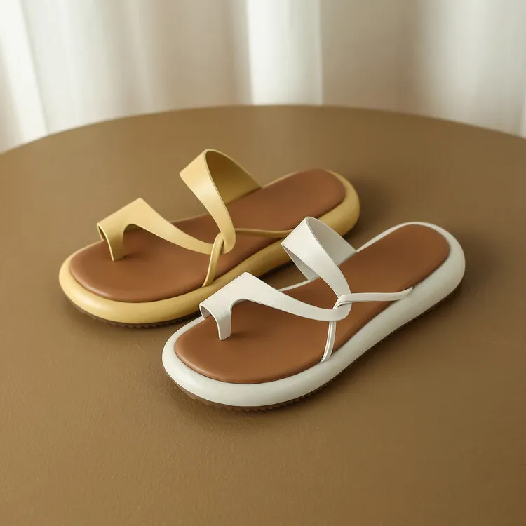 2023 Summer Slippers, Round Toe, Leather, Slip-on Toe, Casual and Comfortable Women's Shoes, Off-White/Yellow, 3-8a