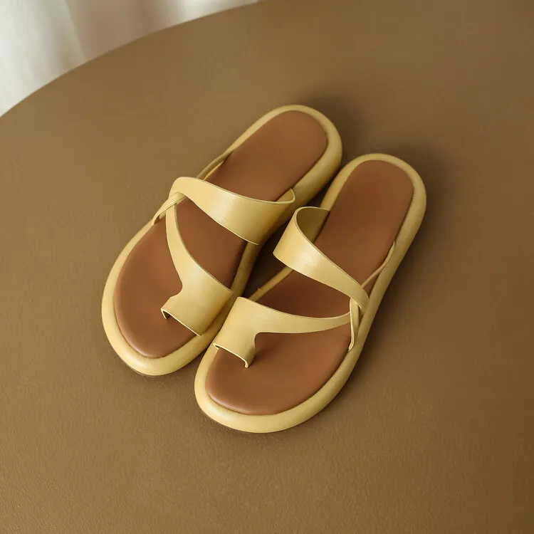 2023 Summer Slippers, Round Toe, Leather, Slip-on Toe, Casual and Comfortable Women's Shoes, Off-White/Yellow, 3-8a
