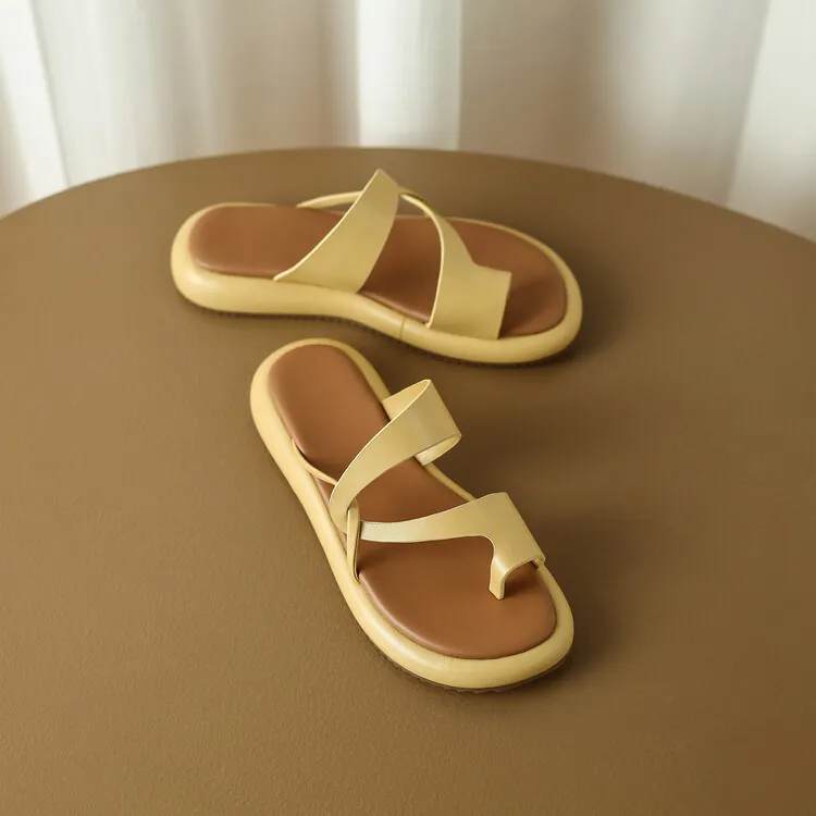2023 Summer Slippers, Round Toe, Leather, Slip-on Toe, Casual and Comfortable Women's Shoes, Off-White/Yellow, 3-8a