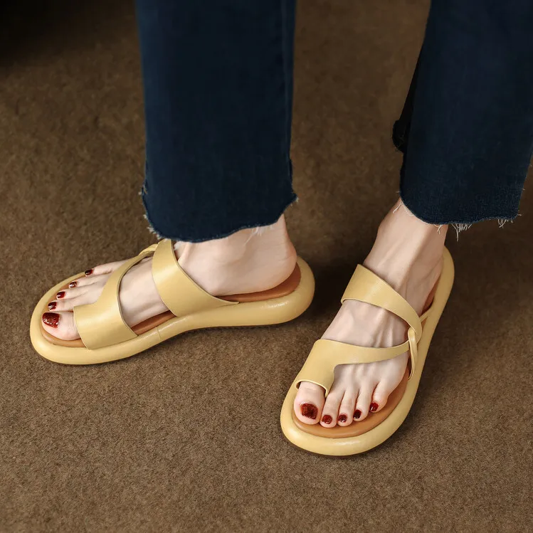 2023 Summer Slippers, Round Toe, Leather, Slip-on Toe, Casual and Comfortable Women's Shoes, Off-White/Yellow, 3-8a