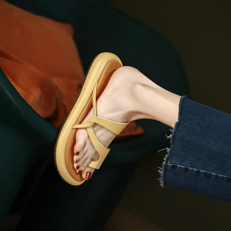 2023 Summer Slippers, Round Toe, Leather, Slip-on Toe, Casual and Comfortable Women's Shoes, Off-White/Yellow, 3-8a