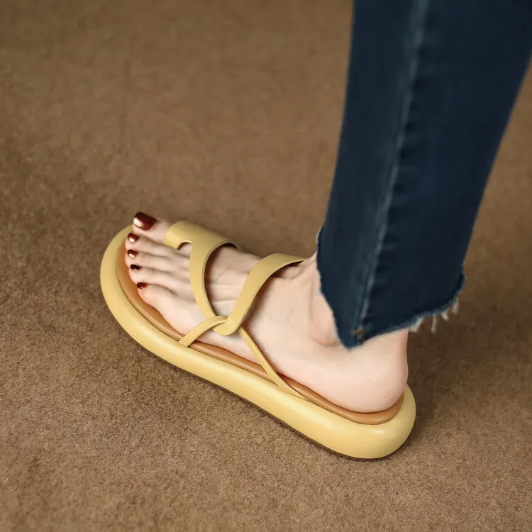 2023 Summer Slippers, Round Toe, Leather, Slip-on Toe, Casual and Comfortable Women's Shoes, Off-White/Yellow, 3-8a