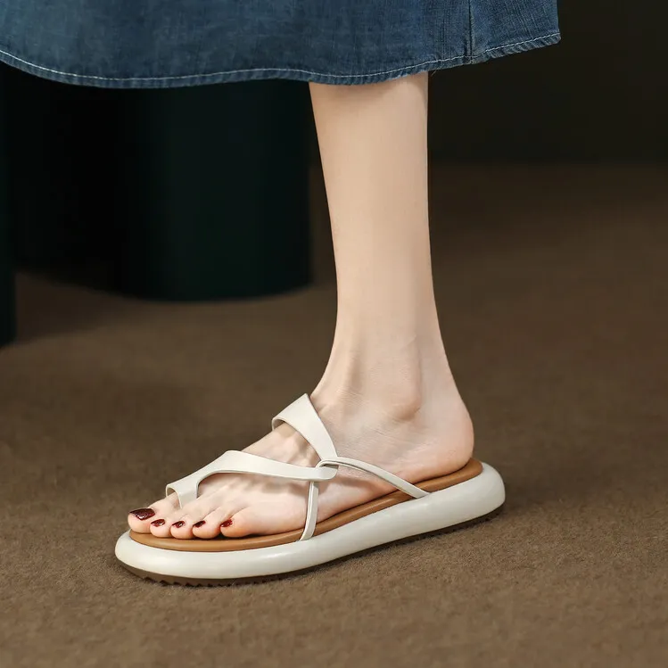 2023 Summer Slippers, Round Toe, Leather, Slip-on Toe, Casual and Comfortable Women's Shoes, Off-White/Yellow, 3-8a