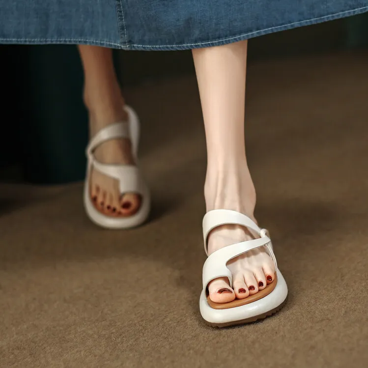 2023 Summer Slippers, Round Toe, Leather, Slip-on Toe, Casual and Comfortable Women's Shoes, Off-White/Yellow, 3-8a