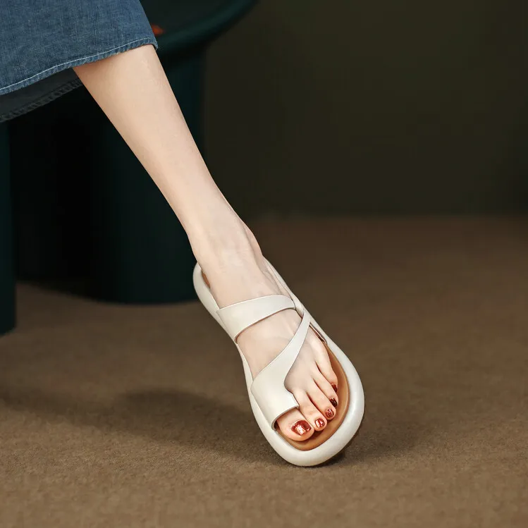 2023 Summer Slippers, Round Toe, Leather, Slip-on Toe, Casual and Comfortable Women's Shoes, Off-White/Yellow, 3-8a
