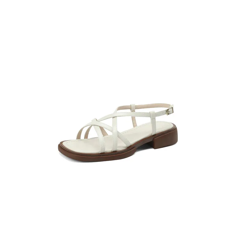 Summer chunky heeled square-toe soft-soled sandals, brown, white, and black cowhide fashion women's shoes, 3-8k