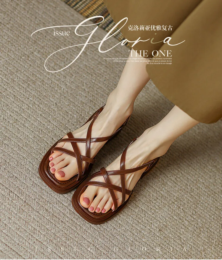 Summer chunky heeled square-toe soft-soled sandals, brown, white, and black cowhide fashion women's shoes, 3-8k