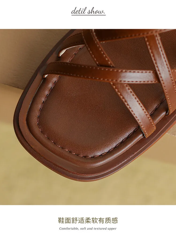 Summer chunky heeled square-toe soft-soled sandals, brown, white, and black cowhide fashion women's shoes, 3-8k