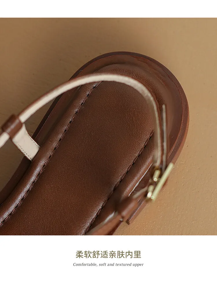 Summer chunky heeled square-toe soft-soled sandals, brown, white, and black cowhide fashion women's shoes, 3-8k