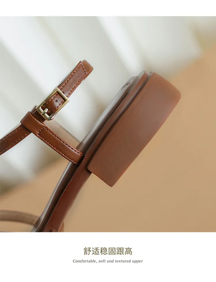 Summer chunky heeled square-toe soft-soled sandals, brown, white, and black cowhide fashion women's shoes, 3-8k