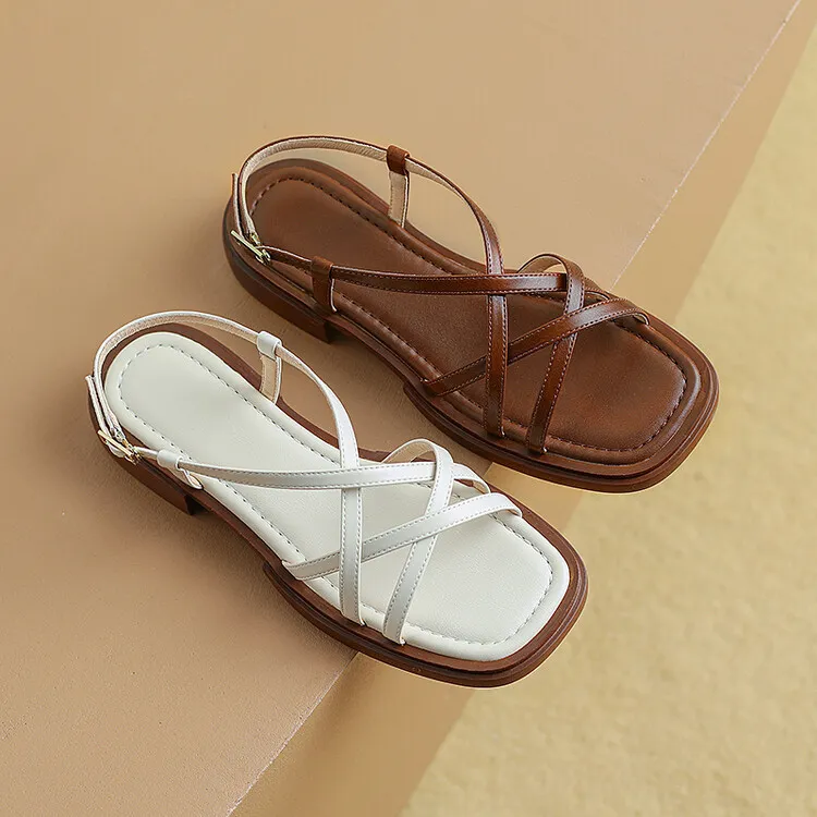 Summer chunky heeled square-toe soft-soled sandals, brown, white, and black cowhide fashion women's shoes, 3-8k