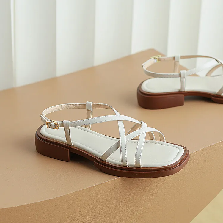 Summer chunky heeled square-toe soft-soled sandals, brown, white, and black cowhide fashion women's shoes, 3-8k