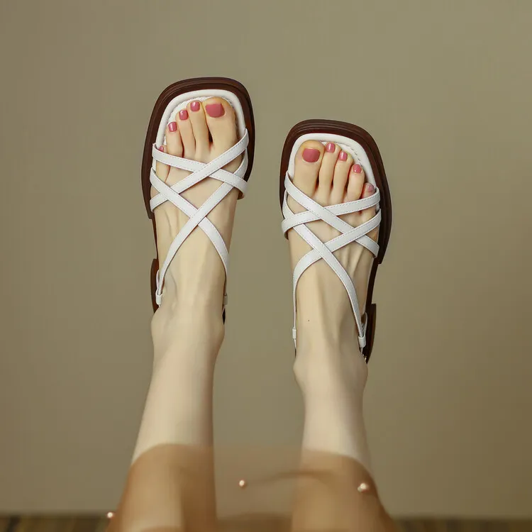 Summer chunky heeled square-toe soft-soled sandals, brown, white, and black cowhide fashion women's shoes, 3-8k