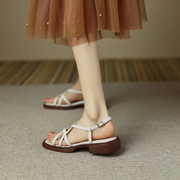 Summer chunky heeled square-toe soft-soled sandals, brown, white, and black cowhide fashion women's shoes, 3-8k