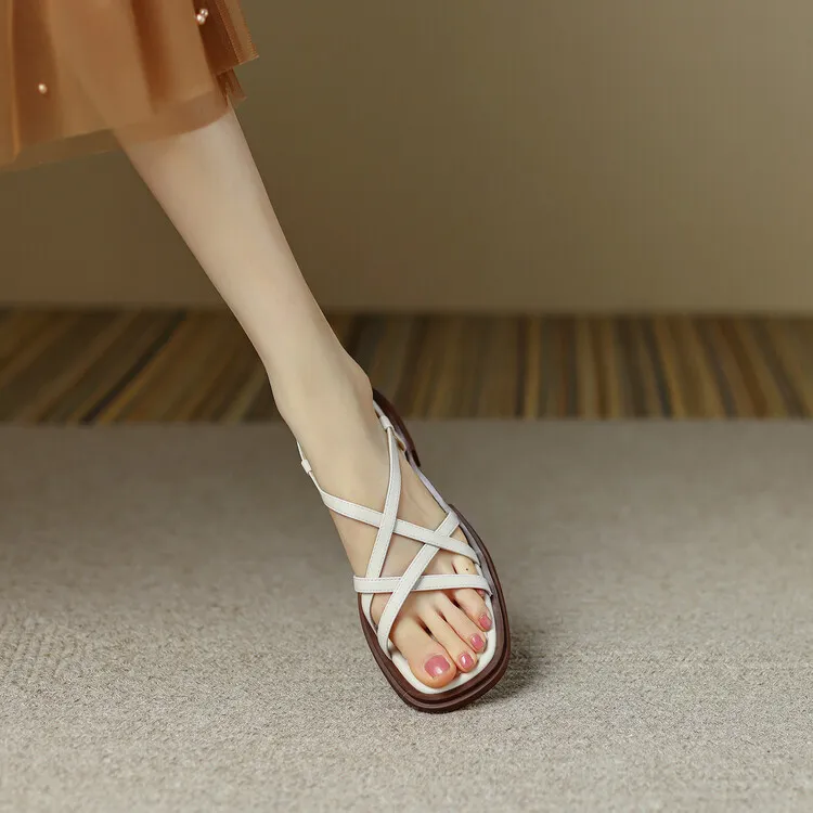 Summer chunky heeled square-toe soft-soled sandals, brown, white, and black cowhide fashion women's shoes, 3-8k