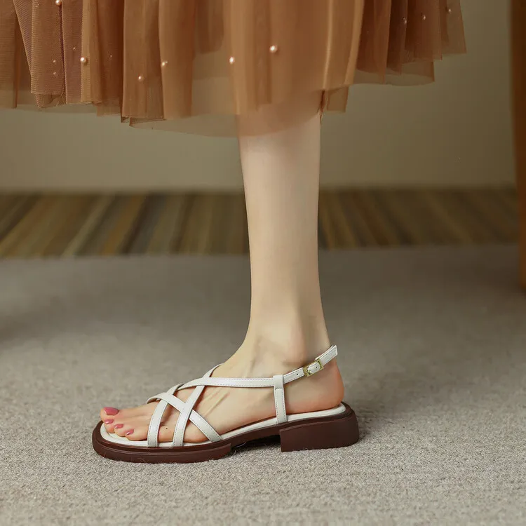 Summer chunky heeled square-toe soft-soled sandals, brown, white, and black cowhide fashion women's shoes, 3-8k