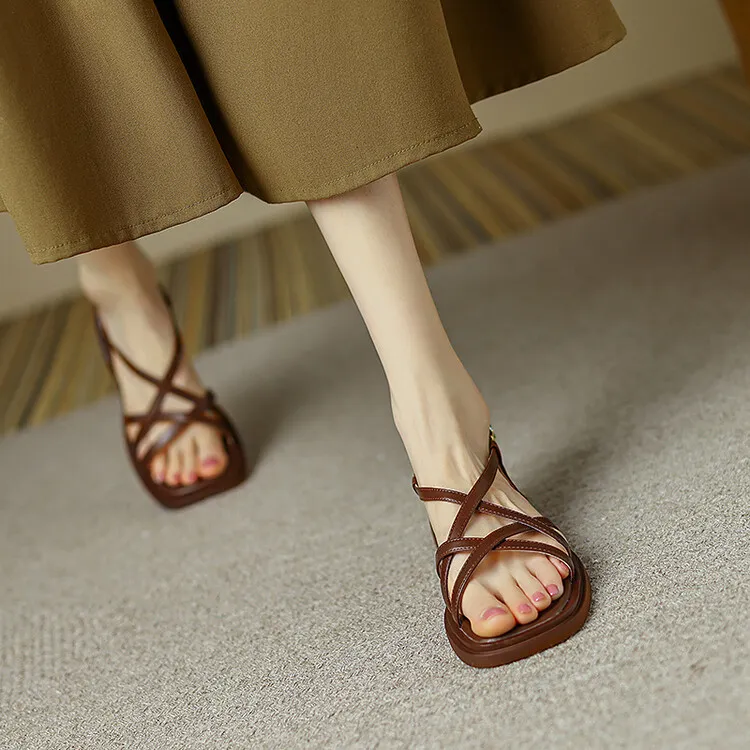Summer chunky heeled square-toe soft-soled sandals, brown, white, and black cowhide fashion women's shoes, 3-8k