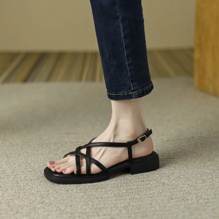Summer chunky heeled square-toe soft-soled sandals, brown, white, and black cowhide fashion women's shoes, 3-8k