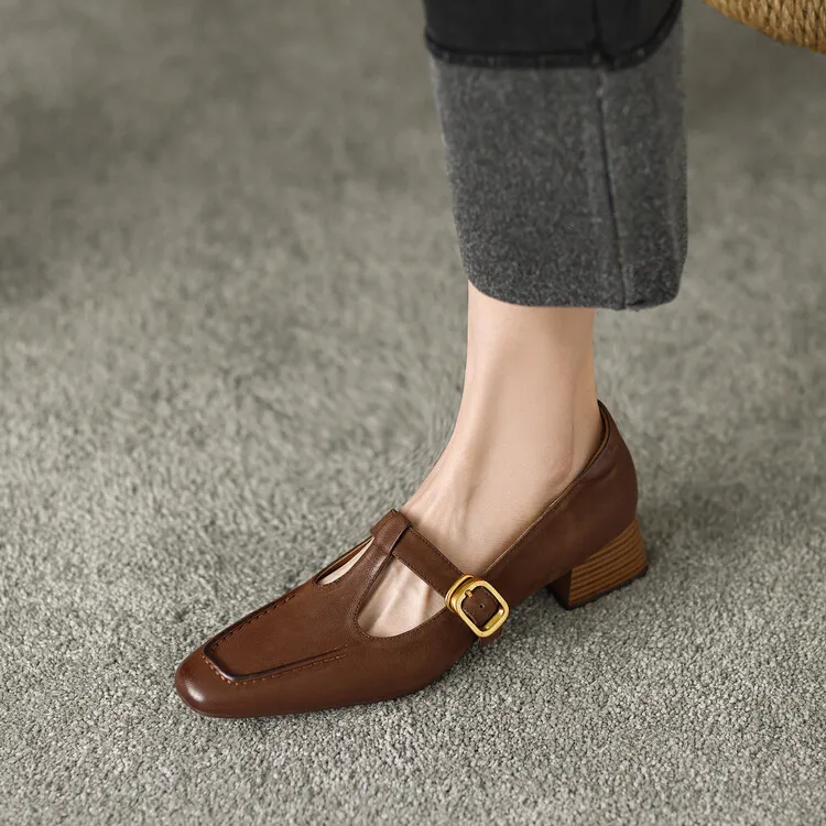 Fashionable spring and autumn chunky heeled high heels with square toe buckle slip-on shoes, sizes 34-42, comfortable women's shoes, 3-14f.