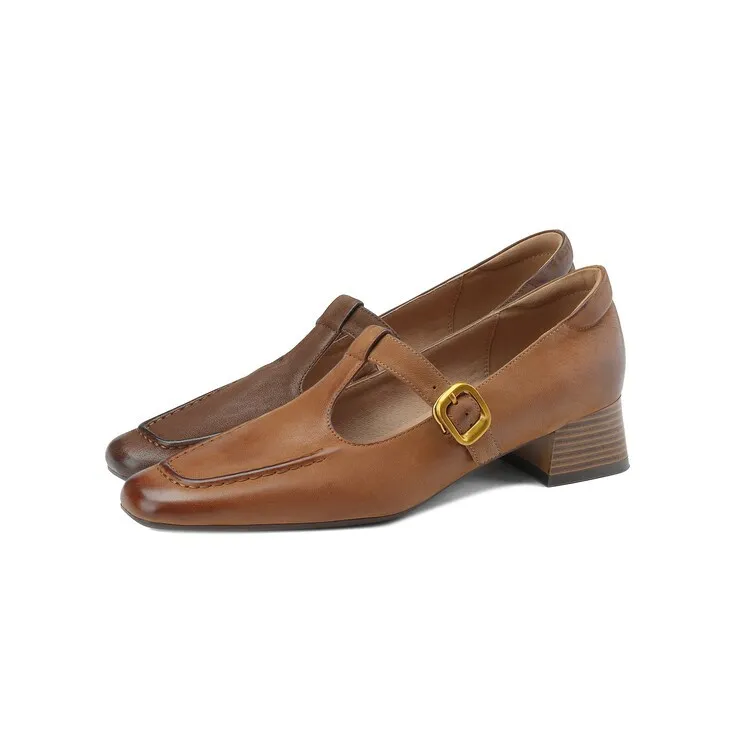 Fashionable spring and autumn chunky heeled high heels with square toe buckle slip-on shoes, sizes 34-42, comfortable women's shoes, 3-14f.