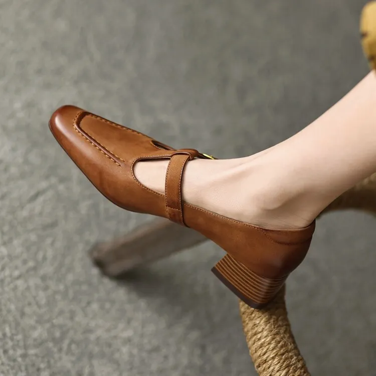 Fashionable spring and autumn chunky heeled high heels with square toe buckle slip-on shoes, sizes 34-42, comfortable women's shoes, 3-14f.