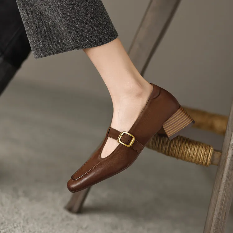Fashionable spring and autumn chunky heeled high heels with square toe buckle slip-on shoes, sizes 34-42, comfortable women's shoes, 3-14f.