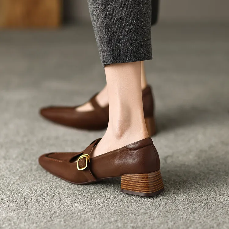 Fashionable spring and autumn chunky heeled high heels with square toe buckle slip-on shoes, sizes 34-42, comfortable women's shoes, 3-14f.