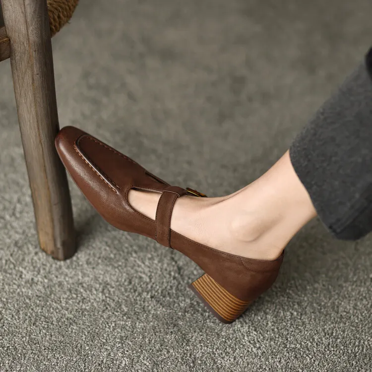 Fashionable spring and autumn chunky heeled high heels with square toe buckle slip-on shoes, sizes 34-42, comfortable women's shoes, 3-14f.
