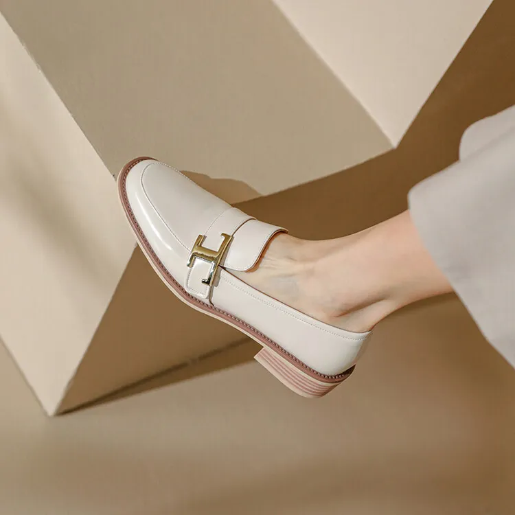Fashionable Spring/Autumn Chunky Heel Low Heel Off-White Leather Korean Style Single Shoes Round Toe Metal Buckle Black Loafers 3-14n