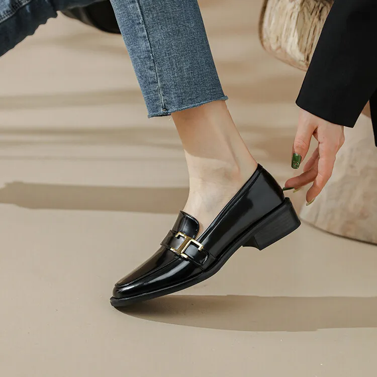 Fashionable Spring/Autumn Chunky Heel Low Heel Off-White Leather Korean Style Single Shoes Round Toe Metal Buckle Black Loafers 3-14n