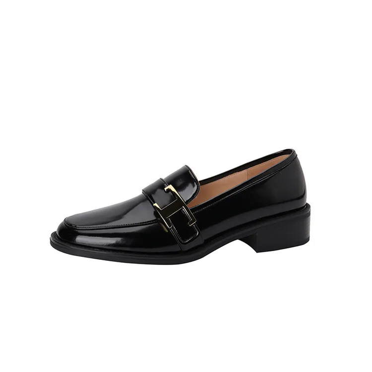 Fashionable Spring/Autumn Chunky Heel Low Heel Off-White Leather Korean Style Single Shoes Round Toe Metal Buckle Black Loafers 3-14n