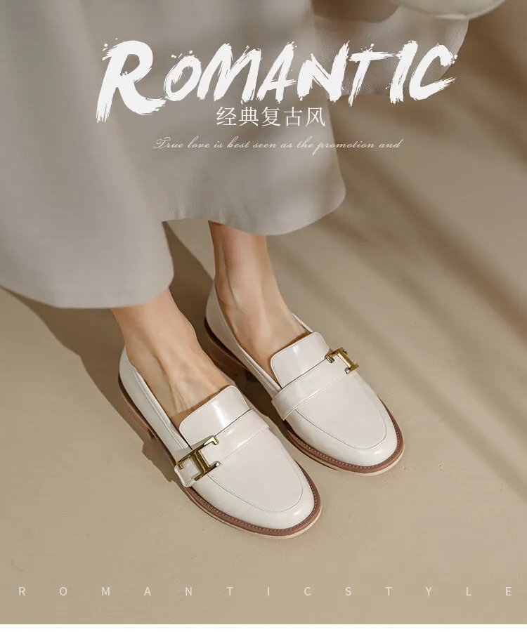 Fashionable Spring/Autumn Chunky Heel Low Heel Off-White Leather Korean Style Single Shoes Round Toe Metal Buckle Black Loafers 3-14n