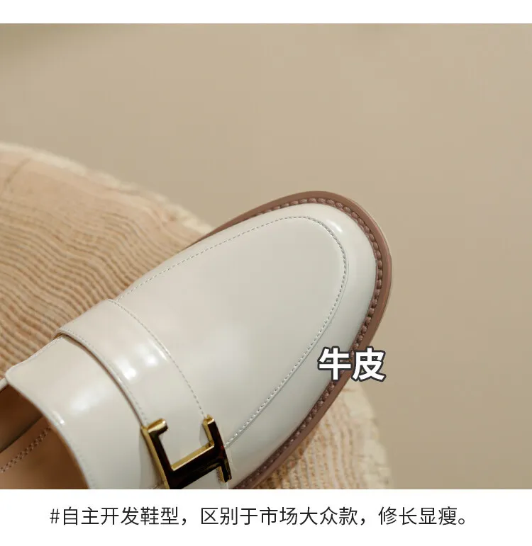 Fashionable Spring/Autumn Chunky Heel Low Heel Off-White Leather Korean Style Single Shoes Round Toe Metal Buckle Black Loafers 3-14n