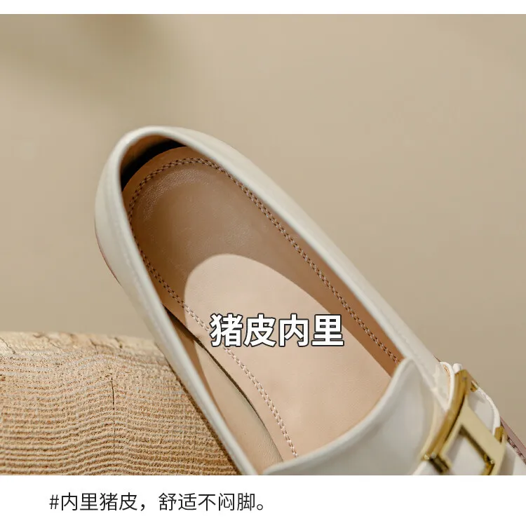 Fashionable Spring/Autumn Chunky Heel Low Heel Off-White Leather Korean Style Single Shoes Round Toe Metal Buckle Black Loafers 3-14n