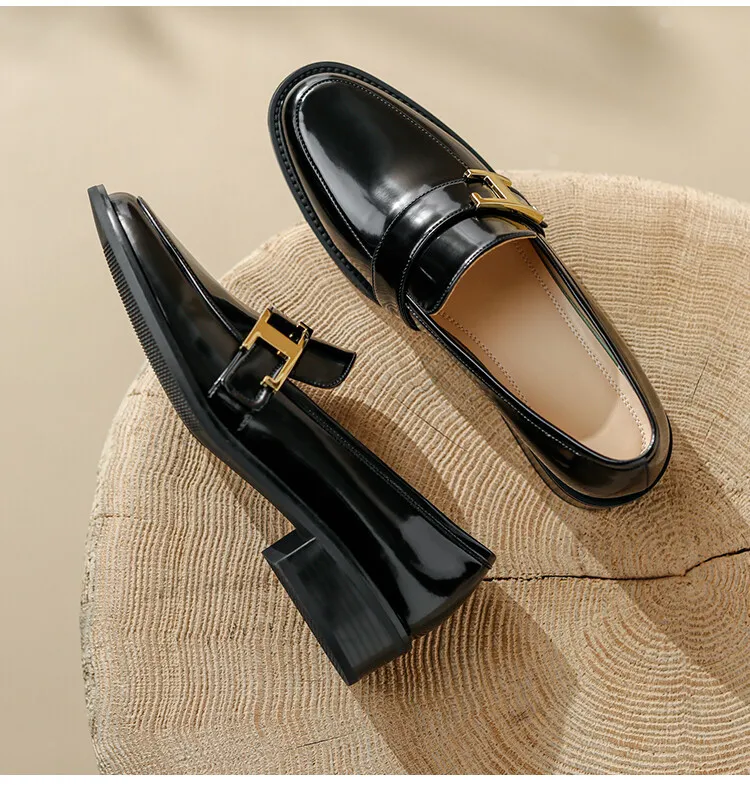 Fashionable Spring/Autumn Chunky Heel Low Heel Off-White Leather Korean Style Single Shoes Round Toe Metal Buckle Black Loafers 3-14n