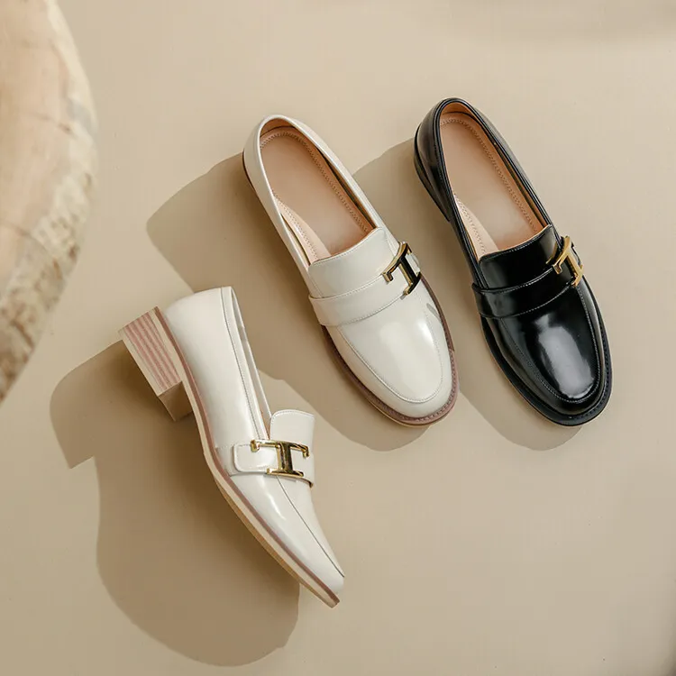 Fashionable Spring/Autumn Chunky Heel Low Heel Off-White Leather Korean Style Single Shoes Round Toe Metal Buckle Black Loafers 3-14n