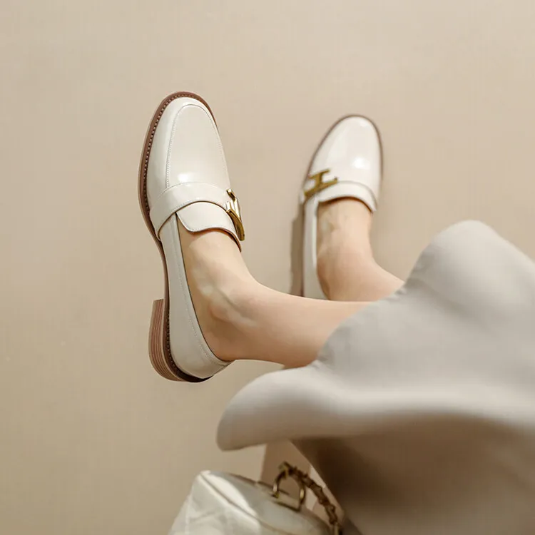 Fashionable Spring/Autumn Chunky Heel Low Heel Off-White Leather Korean Style Single Shoes Round Toe Metal Buckle Black Loafers 3-14n