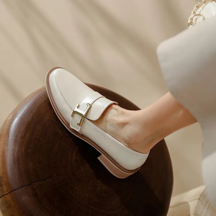 Fashionable Spring/Autumn Chunky Heel Low Heel Off-White Leather Korean Style Single Shoes Round Toe Metal Buckle Black Loafers 3-14n