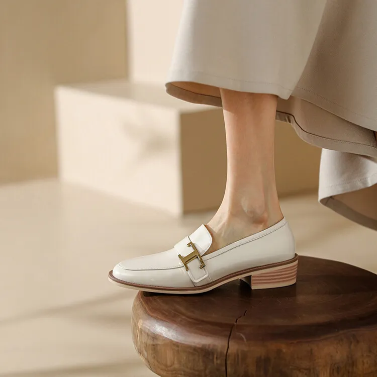 Fashionable Spring/Autumn Chunky Heel Low Heel Off-White Leather Korean Style Single Shoes Round Toe Metal Buckle Black Loafers 3-14n