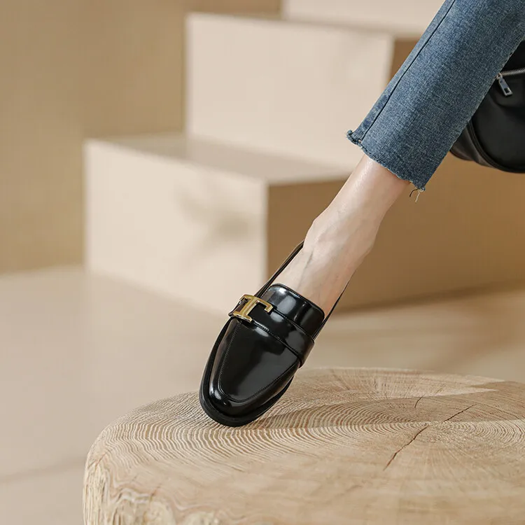Fashionable Spring/Autumn Chunky Heel Low Heel Off-White Leather Korean Style Single Shoes Round Toe Metal Buckle Black Loafers 3-14n
