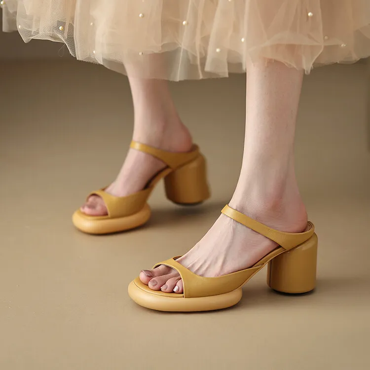 Summer chunky heeled high-heeled round-toe simple sandals, yellow and black cowhide, comfortable, can be worn as outerwear, slippers, 3-14r