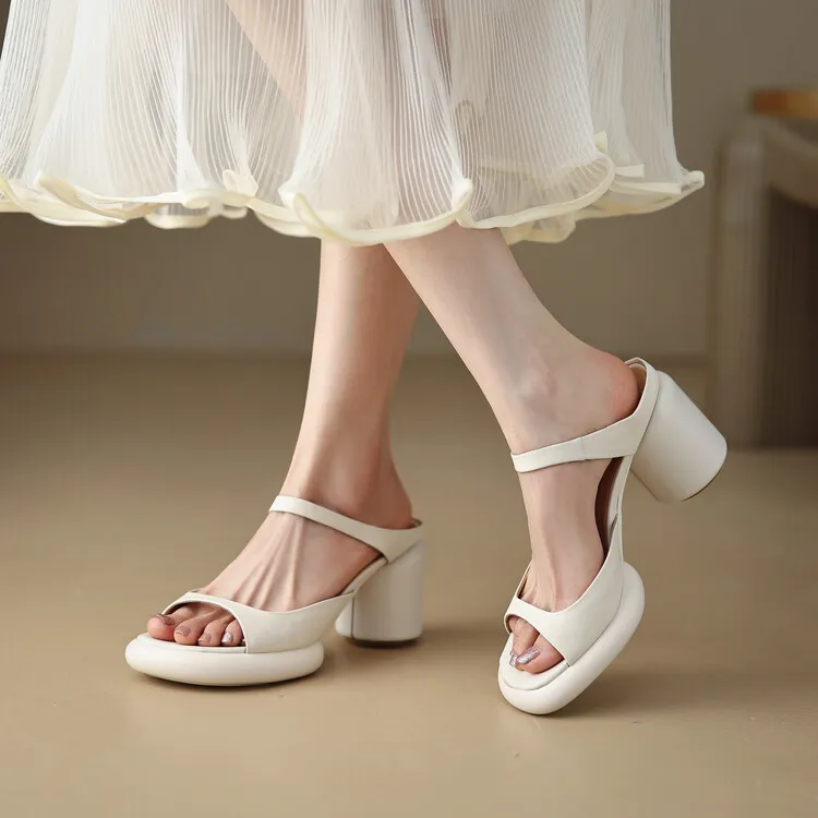 Summer chunky heeled high-heeled round-toe simple sandals, yellow and black cowhide, comfortable, can be worn as outerwear, slippers, 3-14r