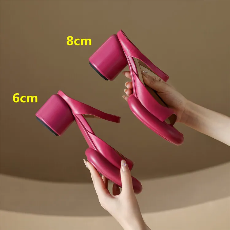Summer chunky heeled high-heeled round-toe simple sandals, yellow and black cowhide, comfortable, can be worn as outerwear, slippers, 3-14r