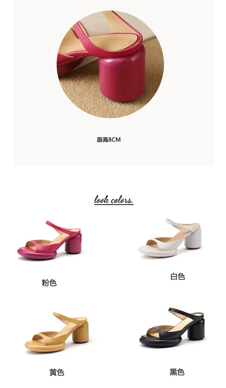 Summer chunky heeled high-heeled round-toe simple sandals, yellow and black cowhide, comfortable, can be worn as outerwear, slippers, 3-14r