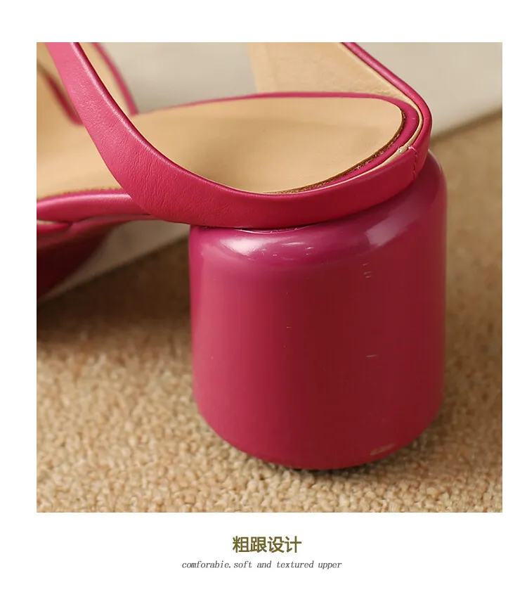 Summer chunky heeled high-heeled round-toe simple sandals, yellow and black cowhide, comfortable, can be worn as outerwear, slippers, 3-14r