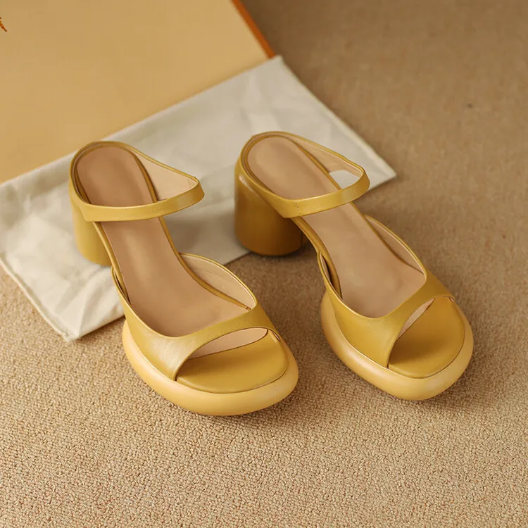 Summer chunky heeled high-heeled round-toe simple sandals, yellow and black cowhide, comfortable, can be worn as outerwear, slippers, 3-14r