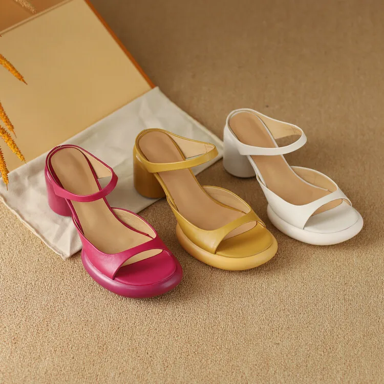 Summer chunky heeled high-heeled round-toe simple sandals, yellow and black cowhide, comfortable, can be worn as outerwear, slippers, 3-14r