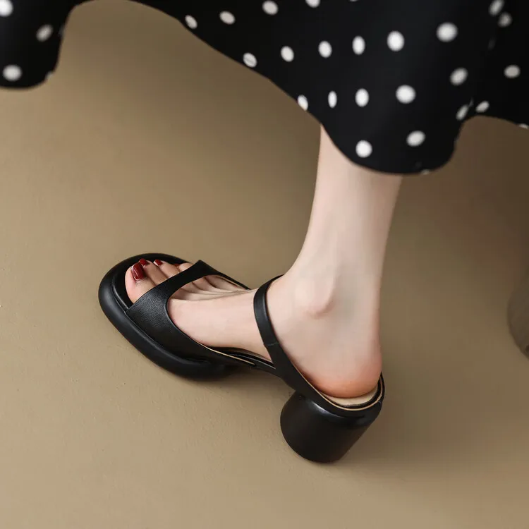 Summer chunky heeled high-heeled round-toe simple sandals, yellow and black cowhide, comfortable, can be worn as outerwear, slippers, 3-14r
