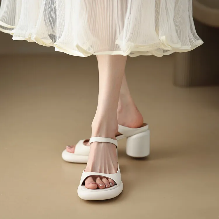 Summer chunky heeled high-heeled round-toe simple sandals, yellow and black cowhide, comfortable, can be worn as outerwear, slippers, 3-14r