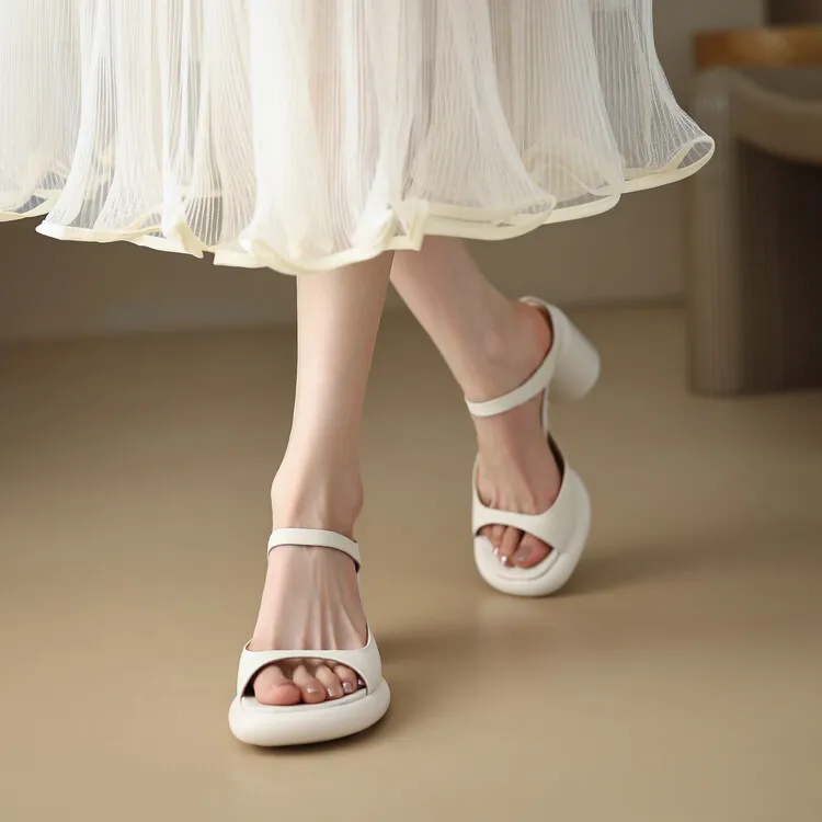 Summer chunky heeled high-heeled round-toe simple sandals, yellow and black cowhide, comfortable, can be worn as outerwear, slippers, 3-14r